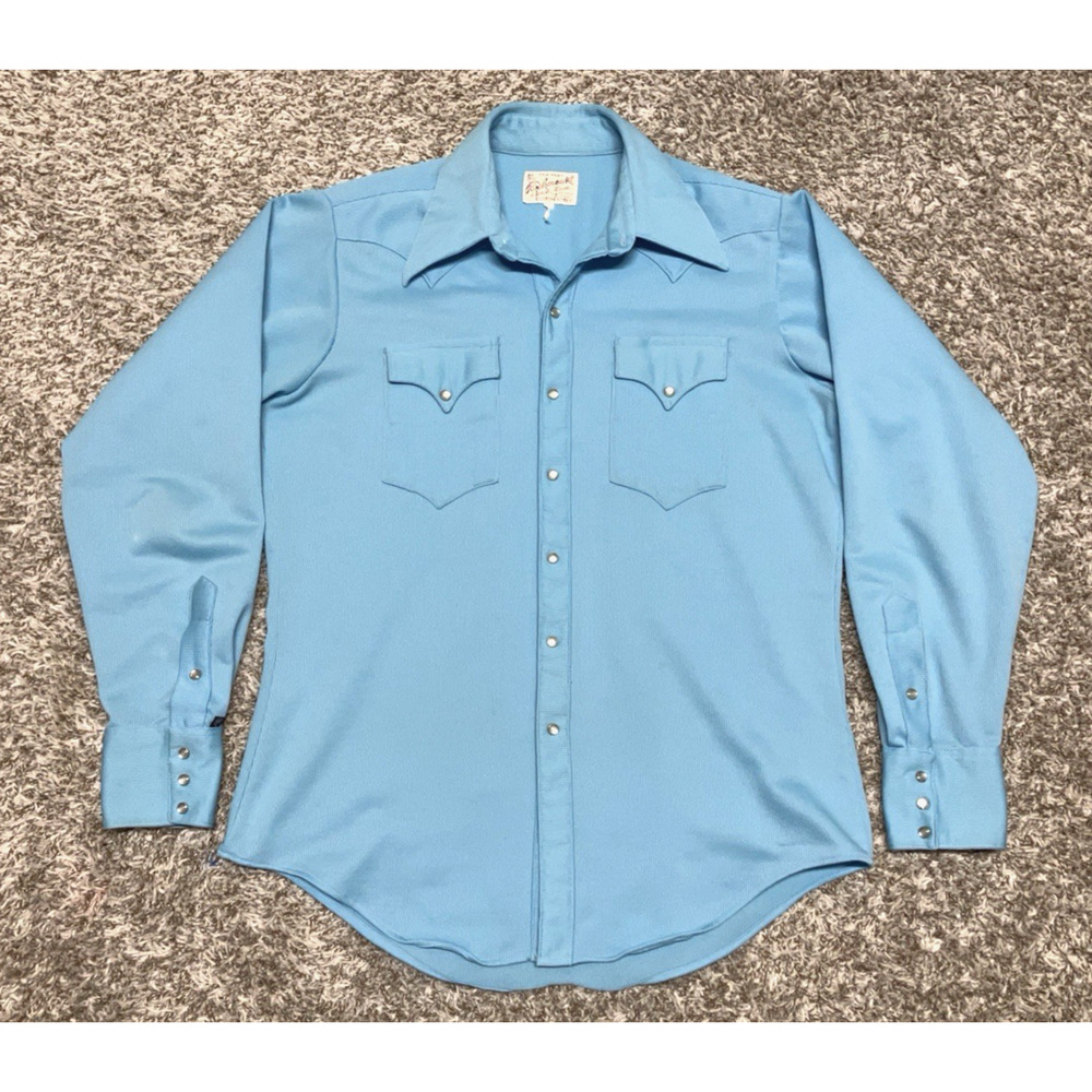 Rockmount Ranch Wear Tru West Men's Large Blue Shirt Pearl Diamond Snap USA